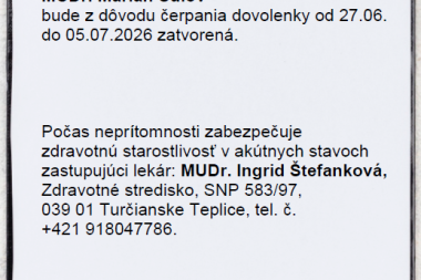 Zmena ordinačných hodín v CIZS Kláštor pod Znievom